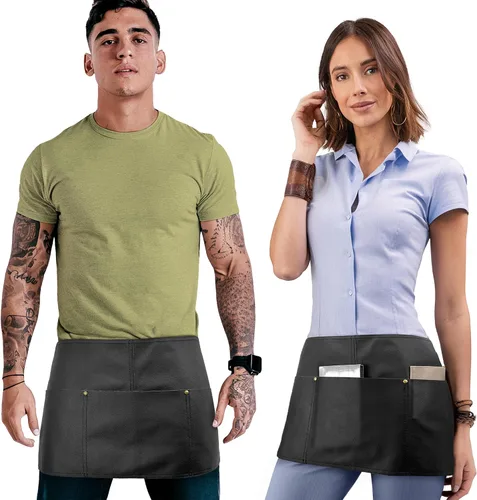 Vista 7 de Under NY Sky Delantal de cuero – correas cruzadas, pierna dividida, remachado, forrado – Piel auténtica para barberos, chef, camarero, barista Negro