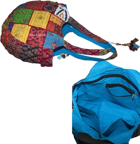 Vista 6 de Tribe Azure - Bolso de hombro hecho a mano para mujer, grande, floral, colorido, hecho a mano, para verano, playa, picnic, libros, portátil