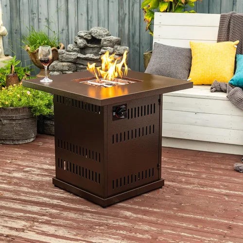 Vista 7 de Mesa para fogata de propano de 28 pulgadas, mesa de fuego de 50,000 BTU con tapa de acero, patas grandes, rocas de lava, pozo de fuego seguro