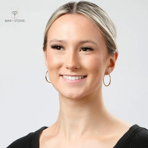 Vista 2 de MAX + STONE - Aretes de aro de oro macizo de 14 quilates para mujer, aretes de aro de oro amarillo o blanco de 14 quilates con parte superior