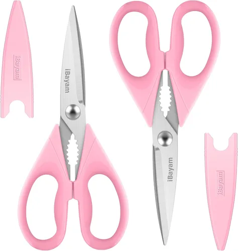 Vista 17 de iBayam Tijeras de cocina multiusos con funda protectora, tijeras de acero inoxidable duraderas, aptas para lavavajillas, mango cómodo de agarre suave