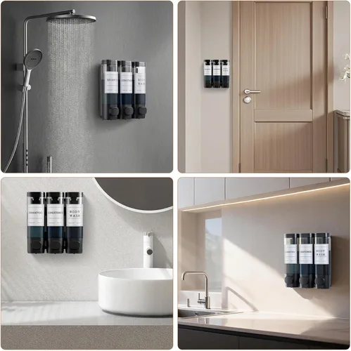 Vista 6 de Dispensador de champú y acondicionador, dispensador de jabón de ducha, 3 cámaras, sin taladro, dispensador de champú montado en la pared para ducha