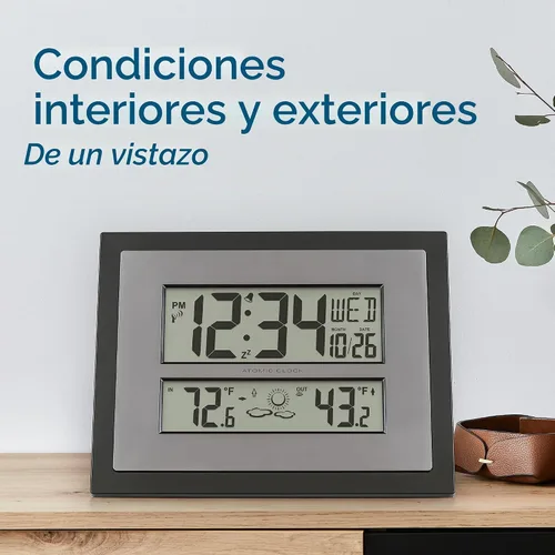 Vista 2 de La Crosse Technology 512-85937-INT Reloj de pared digital atómico con temperatura y pronóstico en gris/plateado Color: Black/Gray, Forecast