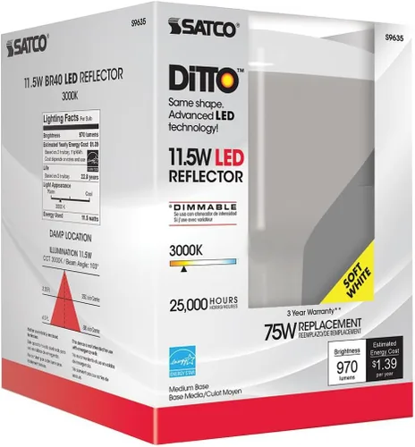 Vista 7 de SATCO S9635-11.5 vatios; LED BR40; 3000K; 120 voltios; regulable (paquete de 12)