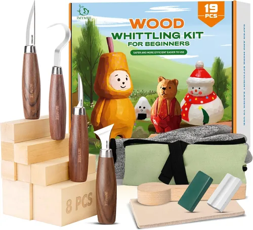 Vista 9 de IMYMEE Kit de corte de madera para principiantes, juego completo de tallado con 4 cuchillos de tallado de madera y 8 bloques de madera de tilo, kit