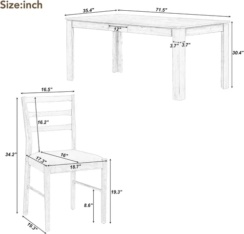 Vista 6 de Juego de comedor de madera de 7 piezas, mesa extensible multifuncional con hojas de 12 pulgadas y 2 cajones, más 6 cómodas sillas de comedor