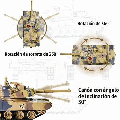 Vista 5 de KAIM Tanque RC 1/24, tanque de control remoto para niños con humo, luces y sonidos, modelo US M1A2 Abrams Army de 2.4 GHz, regalo de juguetes