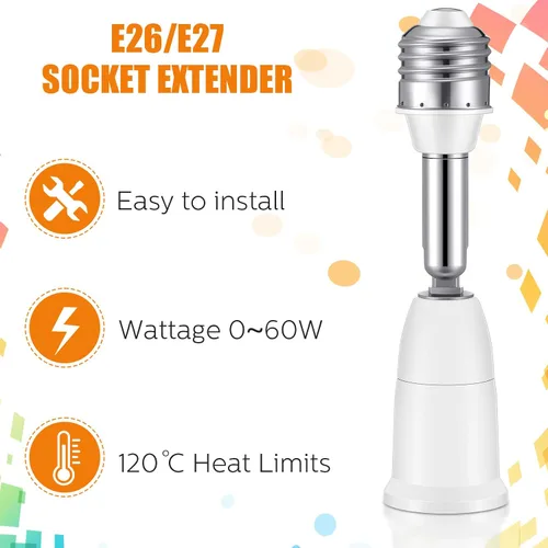 Vista 4 de Extensores de enchufe de luz E26 E27, extensión de 4.1 pulgadas, adaptador de extensión de enchufe vertical ajustable de 180 grados, convertidor