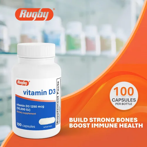 Vista 2 de Rugby Vitamina D3 50,000 UI (1250 mcg) - Suplemento de vitamina D de alta potencia para huesos, dientes e inmunidad, 100 cápsulas
