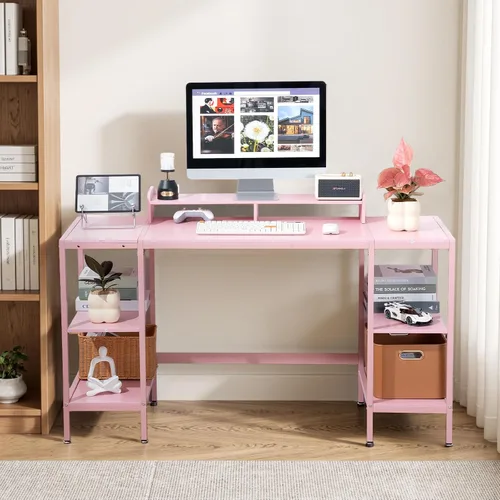 Vista 5 de Escritorio para computadora de 55 pulgadas con estante de almacenamiento - Rosa, ideal para dormitorios, espacios pequeños y oficinas en casa