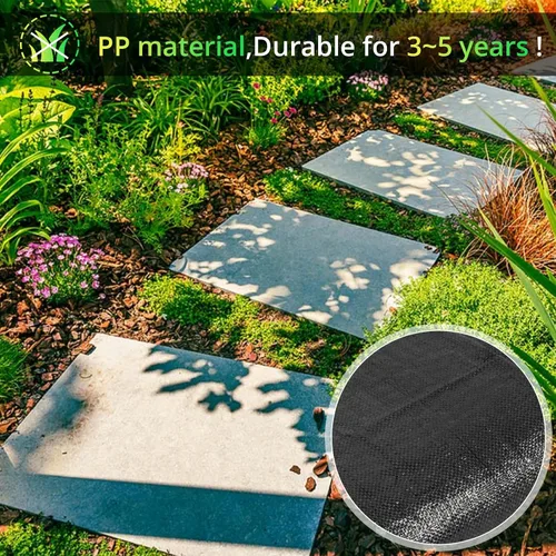 Vista 6 de Tela de barrera de malezas de 4 pies x 100 pies, geotextil tejido resistente de 3.2 onzas con 20 clavijas en forma de U y líneas de corte
