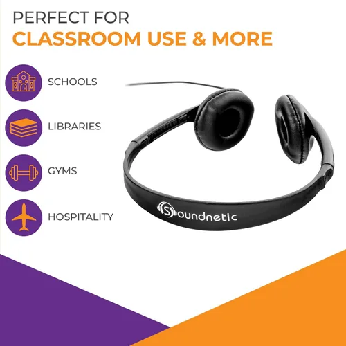 Vista 3 de Soundnetic SNCCV - Paquete de 10 auriculares estéreo con almohadillas de cuero sintético y control de volumen, color negro, ideales para escuelas