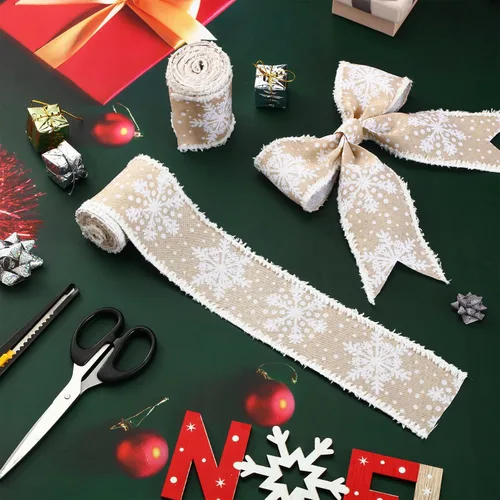 Vista 5 de 2 rollos de cinta de copo de nieve con borde con alambre para árbol de Navidad, cinta decorativa de temporada para Navidad, decoración de invierno