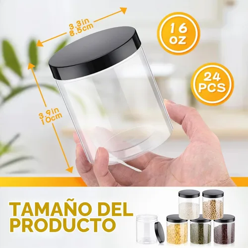 Vista 2 de Irenare 24 frascos de plástico de 16 oz con tapas, recipientes de plástico transparente de boca ancha, frascos tipo Mason para alimentos