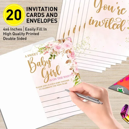 Vista 2 de Invitaciones de baby shower para niña floral con sobres, invitaciones para baby showers, fiesta, flores de acuarela rosa rubor, tarjetas