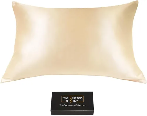 Vista 13 de Funda de almohada de seda de morera 22 Momme (cierre envolvente en la parte posterior), colección elegante, tamaño Queen, caramelo + crema