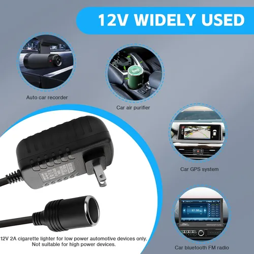 Vista 5 de Convertidor de CA a CC de 12 V 2 A, 24 W Max Cable adaptador de corriente para encendedor de cigarrillos de automóvil, transformador de 110-240 V a
