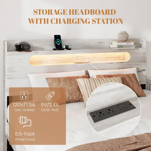 Vista 4 de Base de cama de madera tamaño Queen con cabecera de almacenamiento