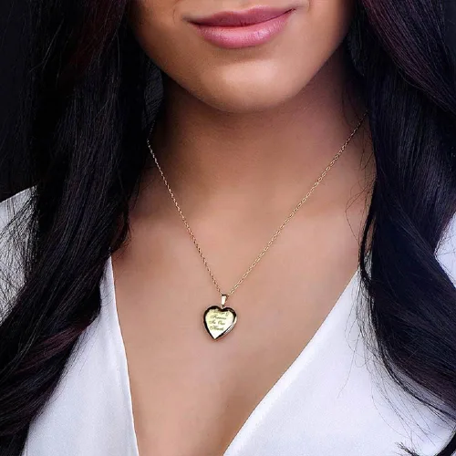 Vista 2 de PicturesOnGold.com Relicario de fotos con relleno de oro amarillo de 14 quilates con texto en inglés "Always & Forever In My Heart", 34 pulgadas x