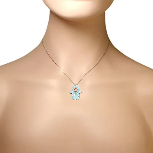 Vista 3 de Plata de ley 925CZ Blanco y Azul Esmalte Negro Mal de ojo Hamsa Collar Con Colgante