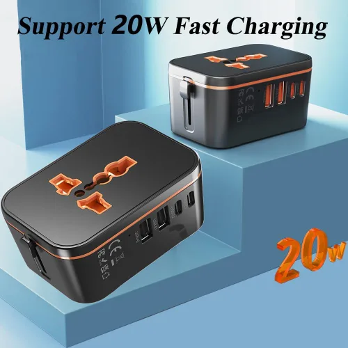 Vista 3 de Adaptador de corriente universal de viaje, adaptador de carga rápida PD de 20 W, convertidor de enchufe de viaje internacional con 2 puertos USB A