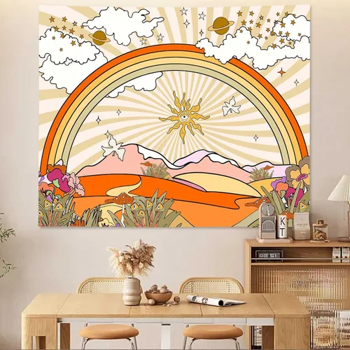Vista 5 de TPMDFC Tapiz retro de los años 70 y 60, tapiz vintage de flores, nubes, sol y arco iris, tapiz para colgar en la pared, tapiz estético bohemio