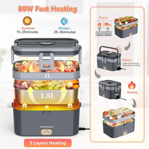Vista 5 de Fiambrera eléctrica más grande de 80 W más rápido, 2.8 L con 2 capas para automóvil, camión, trabajo, hogar, calentador de alimentos portátil