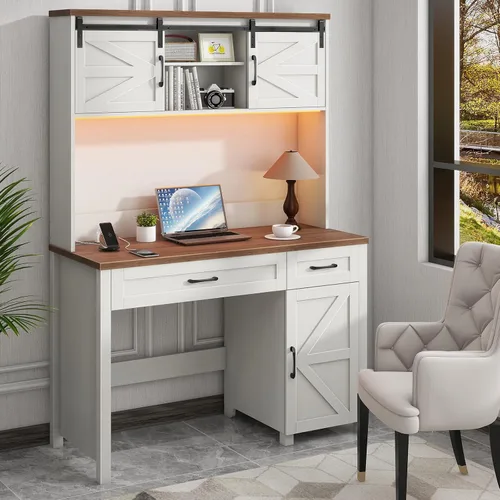 Vista 13 de Escritorio ejecutivo de granja de 67 pulgadas de alto con gabinete, mesa de oficina con luz LED y 4 cajones, escritorio para computadora