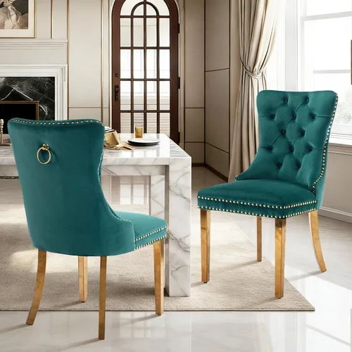 Vista 44 de Juego de 2 sillas de comedor de terciopelo con patas de madera, color beige Mid Century Modern Dining Chairs,Upholstered Chairs with Nailhead