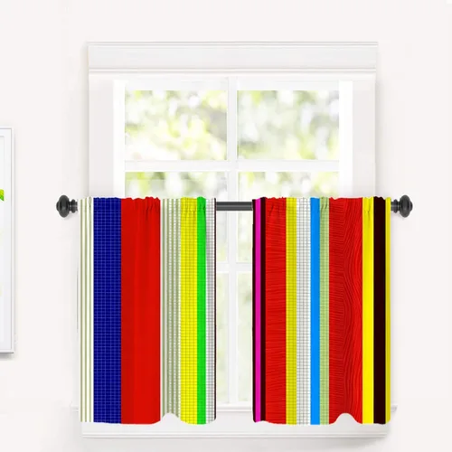 Vista 109 de Cortinas de cocina de hojas de arce otoñales para ventanas, hojas verdes y rojas sobre cenefas opacas negras, tratamientos de ventana de poliéster