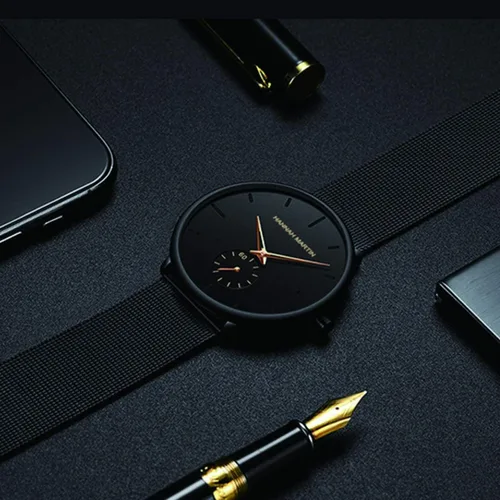 Vista 6 de Reloj de pulsera ultrafino negro para hombre, vestido impermeable de moda, correa de acero inoxidable