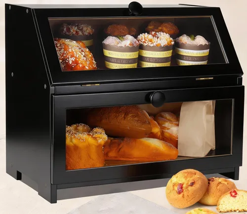Vista 10 de Panera de bambú para encimera de cocina, contenedor grande de almacenamiento de pan recipiente portapanes de 2 capas para encimera de cocina Natural