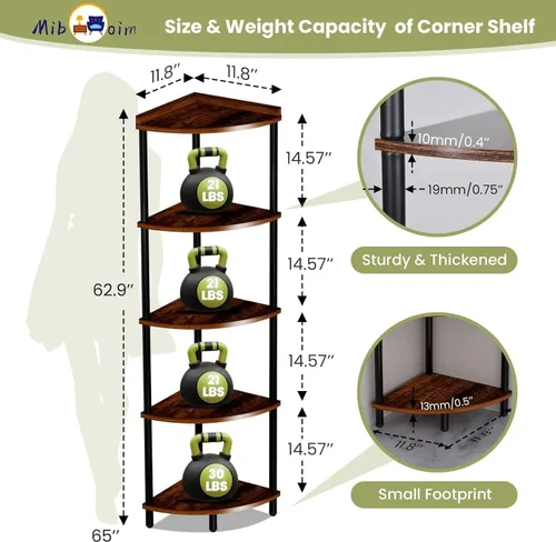 Vista 3 de Estante esquinero de madera de 5 niveles: estantería de esquina alta para sala de estar/dormitorio/baño/cocina/oficina en casa, estantes esquineros