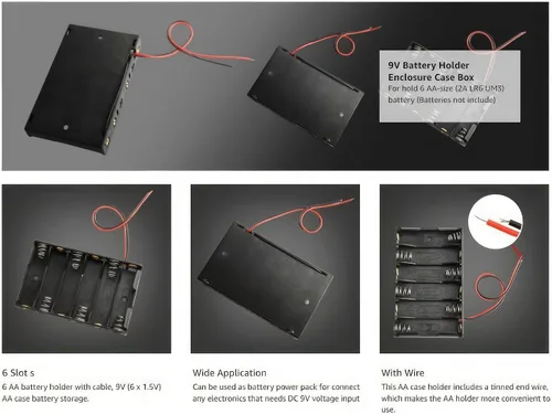 Vista 6 de Caja organizadora de 6 pilas AA 9V con cable conector - Almacenamiento negro de plástico ABS