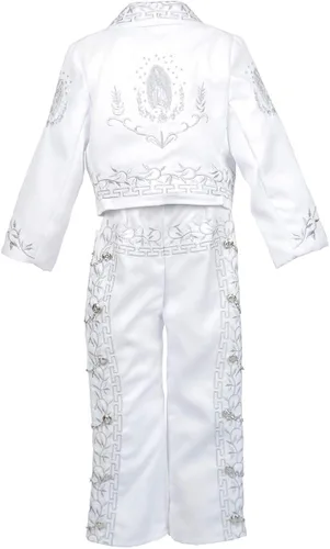 Vista 3 de Conjunto de traje de bautismo para niños de plata blanca Nuestra Señora de Guadalupe Virgen María Mariachi Charro traje de sombrero de boda niños