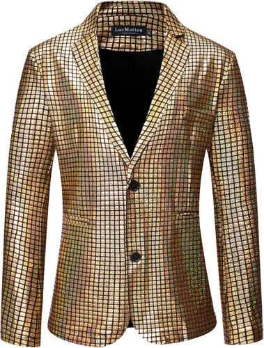 Vista 2 de LucMatton Conjuntos de discoteca de 2 piezas para hombre chaqueta y pantalones brillantes trajes de lentejuelas metálicas Metálico