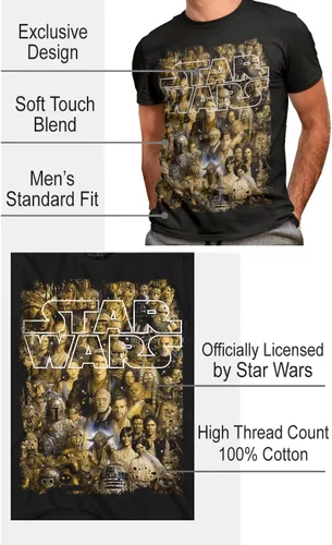Vista 3 de STAR WARS Camiseta gráfica de personajes con diseño de disparo de color para hombres adultos, Negro