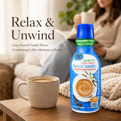 Vista 6 de Crema de café de vainilla francesa sin azúcar, botella de 32 onzas líquidas, crema líquida dulce y cremosa para café con cucharas de pala de café