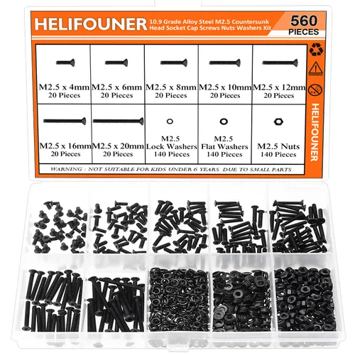 Vista 20 de HELIFOUNER 560 Piezas M2 x 4 mm / 6 mm / 8 mm / 10 mm / 12 mm / 16 mm / 20 mm, Kit de Tornillos de Cabeza de Botón con Arandelas y Tuercas, Acero
