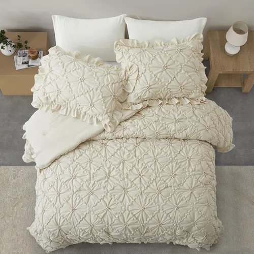 Vista 6 de BEDAZZLED Juegos de Edredón Tamaño Queen, Juego de Ropa de Cama Edredón Beige, 3 Piezas Juegos de Ropa de Cama con Pliegues Pinzados con Edredón