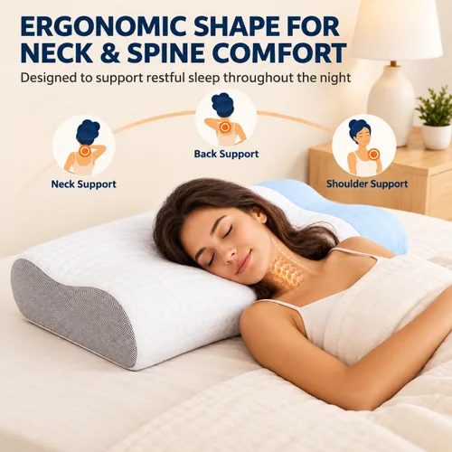 Vista 6 de Eletronova Almohada de espuma viscoelástica para dolor de cuello, almohada cervical CertiPUR-US® con diseño de doble altura, funda de enfriamiento