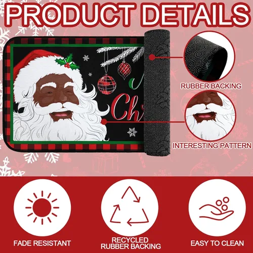 Vista 3 de Bencailor Juego de 2 alfombras y tapetes de cocina de Papá Noel afroamericano de Navidad, antideslizantes, color negro, tapete de baño, tapete