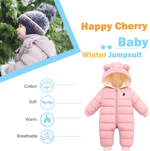 Vista 4 de Happy Cherry Traje de nieve con capucha para bebé, ropa de invierno con cremallera, manga larga, ropa de abrigo de algodón cálido de una pieza