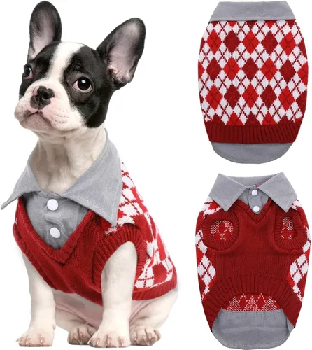 Vista 10 de Kuoser Suéter a cuadros para perro con agujero para arnés, color verde, talla S Polo Design Puppy Knitwear Fall Winter Sweater for Medium Dogs