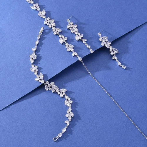 Vista 8 de DHQH Juego de 3 piezas de joyería de novia de circonita cúbica para boda collar de cristal aretes colgantes pulseras para mujeres regalos de joyería