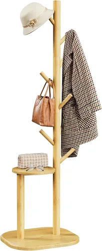Vista 9 de Pipishell Perchero, árbol de pasillo independiente con 8 ganchos y estante de almacenamiento, base de madera maciza, perchero de 66.3 pulgadas