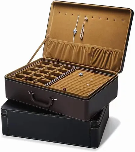Vista 7 de Caja de Joyería Portátil Grande Organizador Comercial con Asa y Cremallera, Estuche de Accesorios de Piel Sintética con Bandejas, Regalo