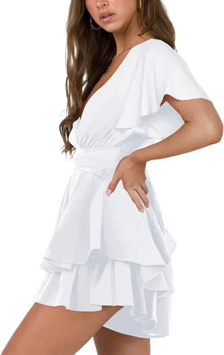 Vista 2 de Vestido sexy de manga corta con cuello en V para mujer, con lazo en la cintura, dobladillo con volantes, acampanado, mini vestidos de patinadora