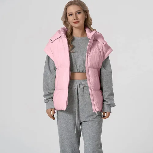 Vista 27 de Shiyifa Chaleco acolchado para mujer, chaqueta de gran tamaño, sin mangas, ligera, con cremallera, con capucha desmontable