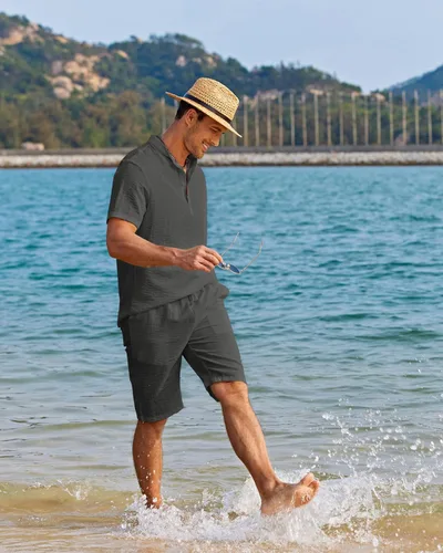 Vista 2 de COOFANDY Conjunto de 2 piezas de lino para hombre, camisas Henley casuales de manga corta, pantalones cortos de yoga para la playa, pantalones